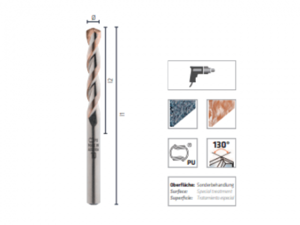 Broca ALPEN de metal duro para granito, DIN ISO 5468