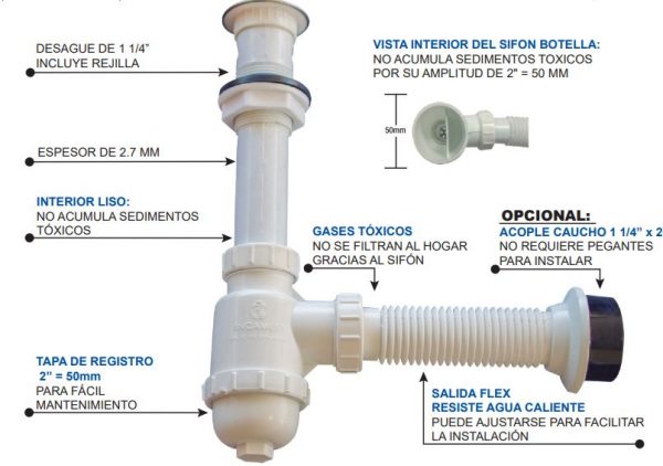 SIFÓN TIPO BOTELLA CON DESAGUE 1 1/4” INCAMEP