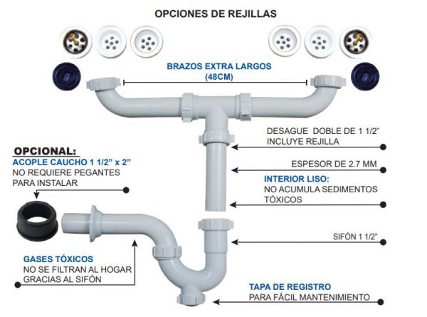 SIFÓN CON DESAGUE DOBLE 1 1/2” INCAMEP