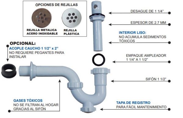 SIFÓN TIPO “V” 1 1/2” CON DESAGUE 1 1/4” INCAMEP